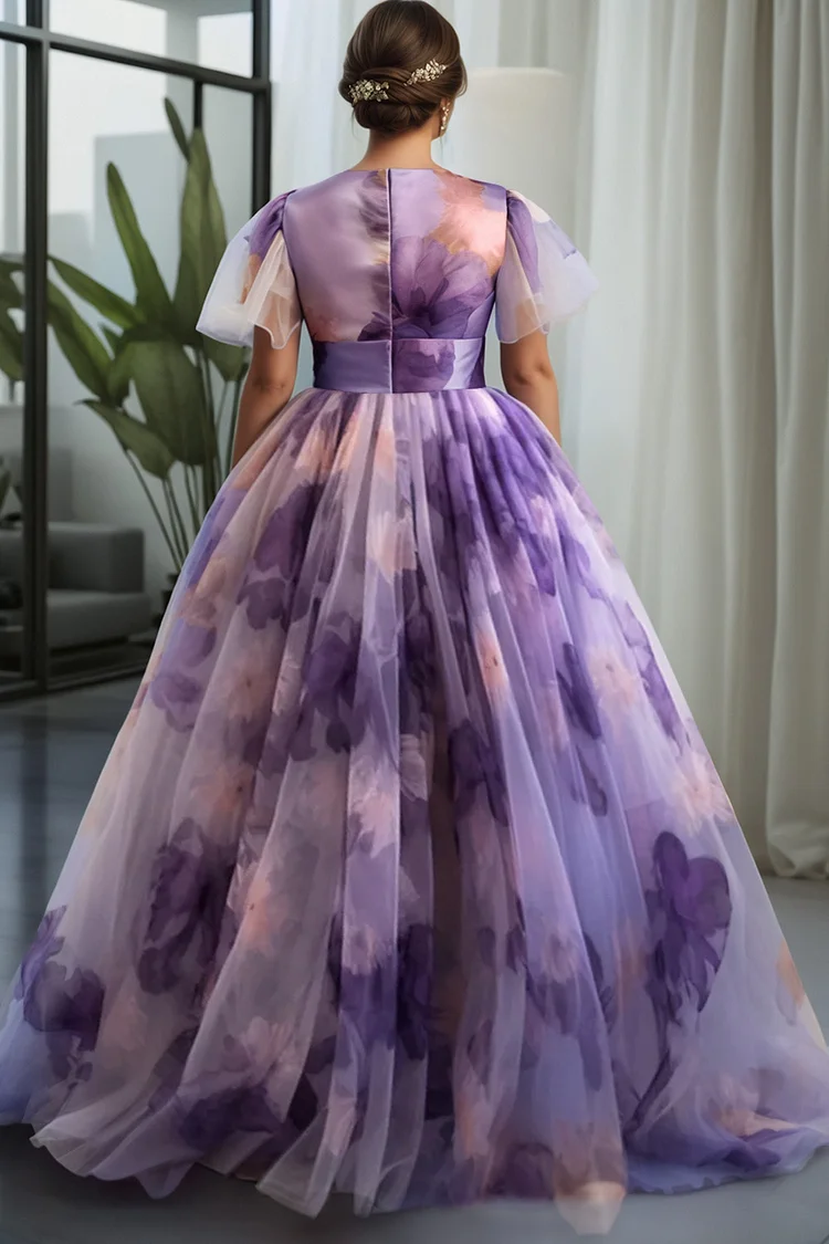 Xpluswear Design Plus Size Wedding Guest Purple Floral V Neck Short Sleeve Tulle Maxi Dresses