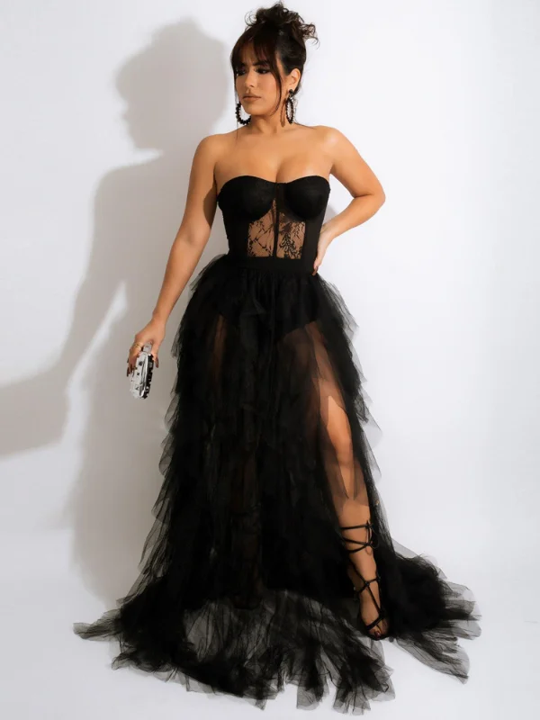 Off The Shoulder See Through High Split Mesh Layered Dress