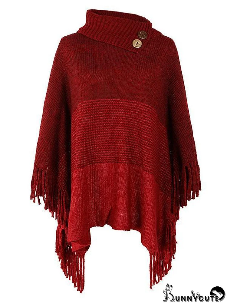 Women's Scoop Neck 3/4 Sleeve Knit Shawl Fringed Hem Colorblock Sweater Top