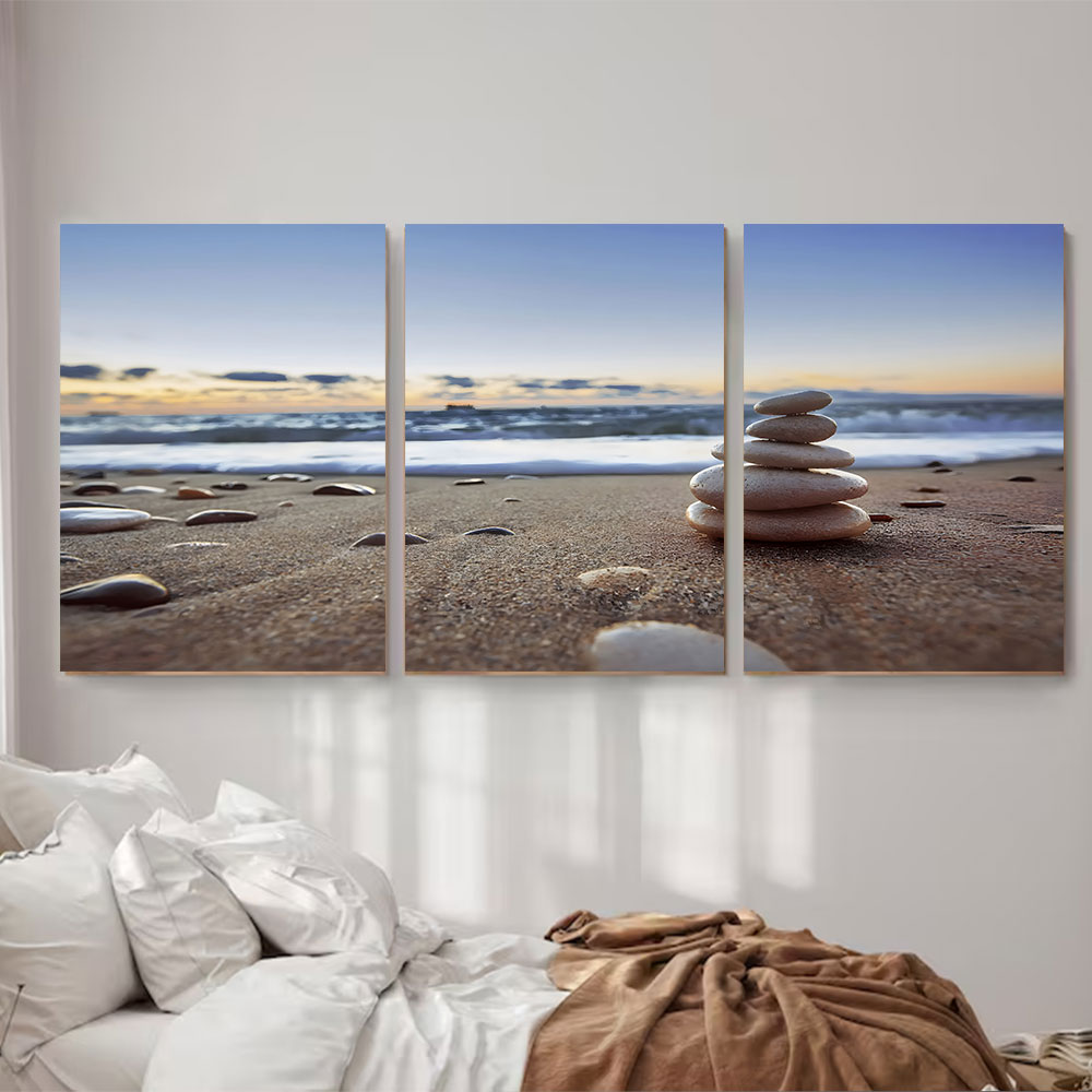 3-Piece Set Stacked Stones on a Sandy Beach Canvas Art