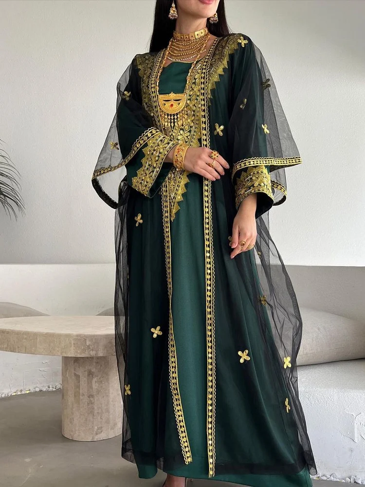 Folk Embroidery Dress and Black Mesh Outerwear