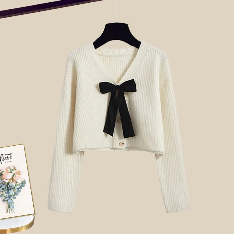 Bow Knot V-neck Cardigan Sweater Shirt Pants Three Pieces