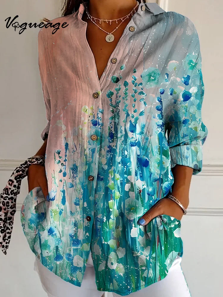 Women's Two-Color Gradient Oil Painting Style Blue Flowers And Plants Long Sleeves Printed Cotton And Linen Shirt