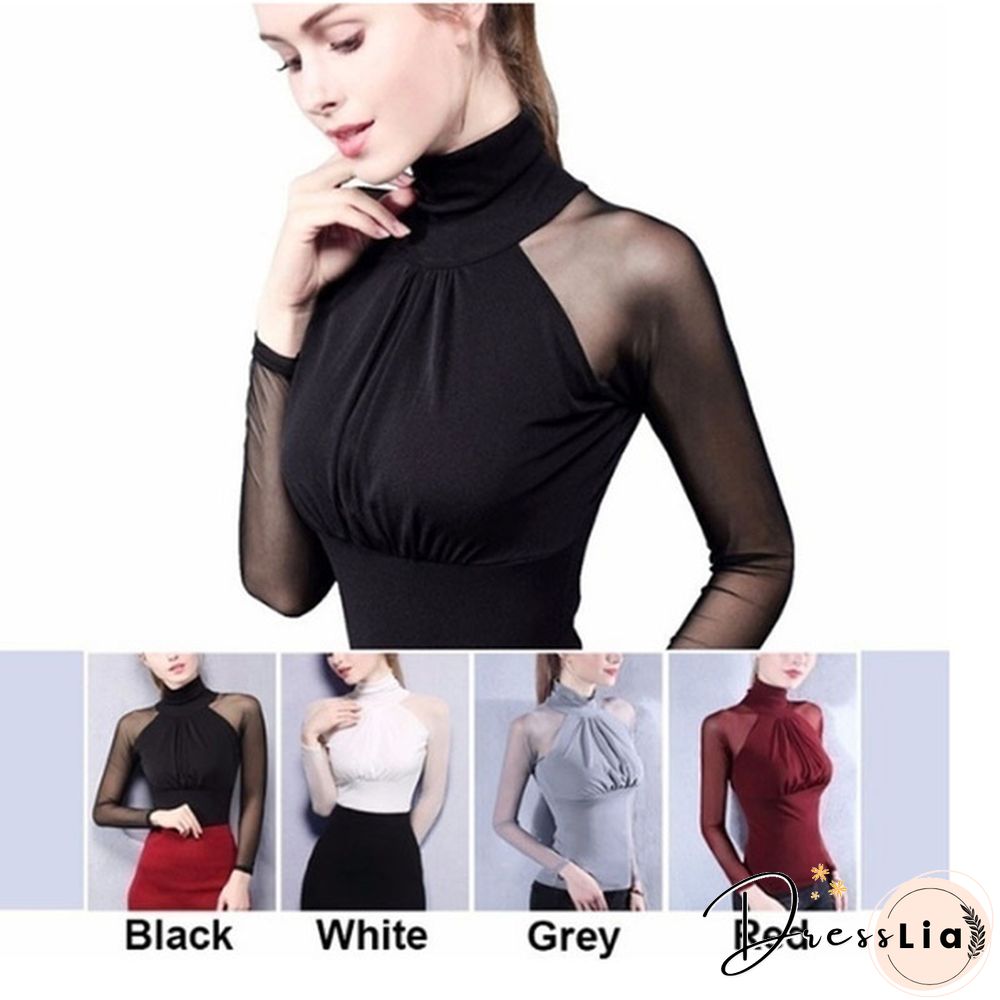 New Fashion Lady Blouse Lace Mesh Turtleneck Long Sleeves Slim Thin Patchwork Spring and Autum Shirt