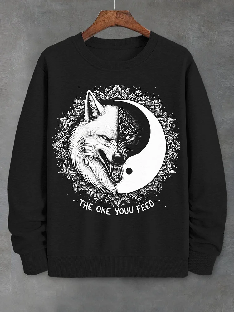 Men's The One You Feed Wolf Yin Yang Print Casual Long Sleeve Sweatshirt