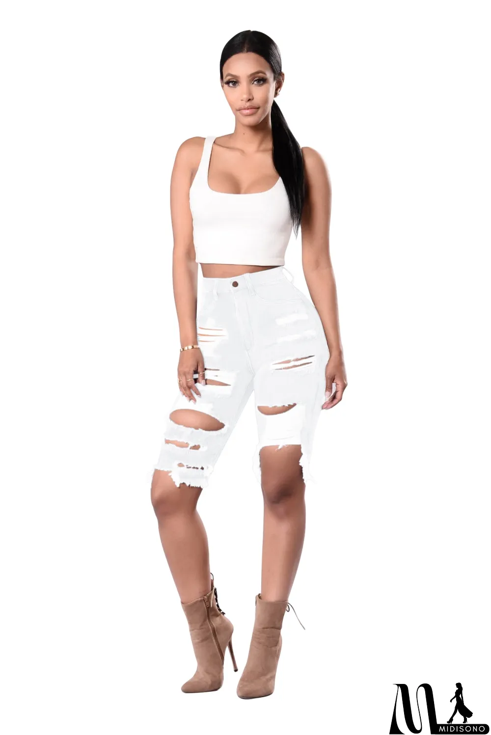 MidiSono - Sexy High Waist Ripped Denim Shorts