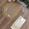 10 Pack | 10" Clear / Gold Geometric Design Plastic Dinner Plates, Disposable Octagon Party Plates