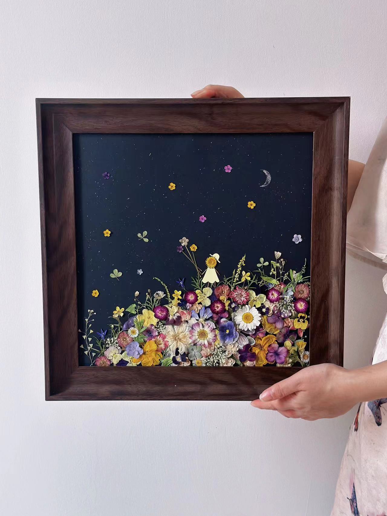 Moon Elf 2 |Resin Or Wooden Fame |Custom Pressed Flower Preservation | Wedding Flowers | Memorial Flower | Meadow Design | Home Decor