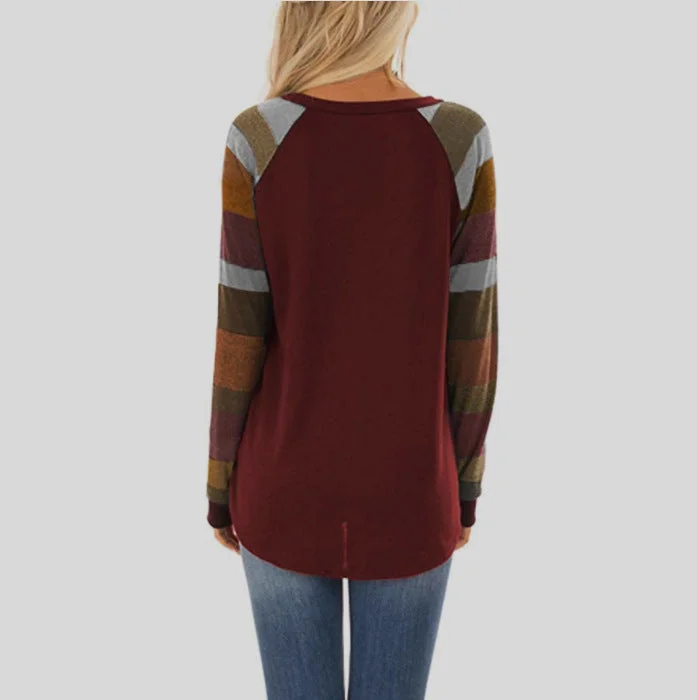 Round collar contrast stitching long-sleeved T-shirt
