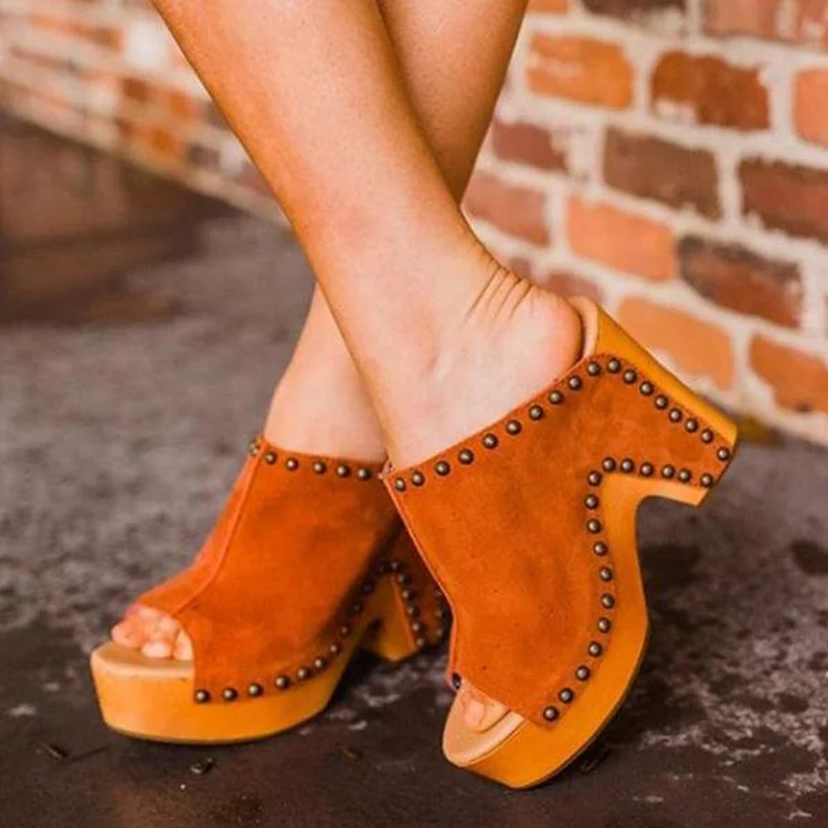 Suede Stud Chunky Heel Mule Peep Toe Heels Vdcoo