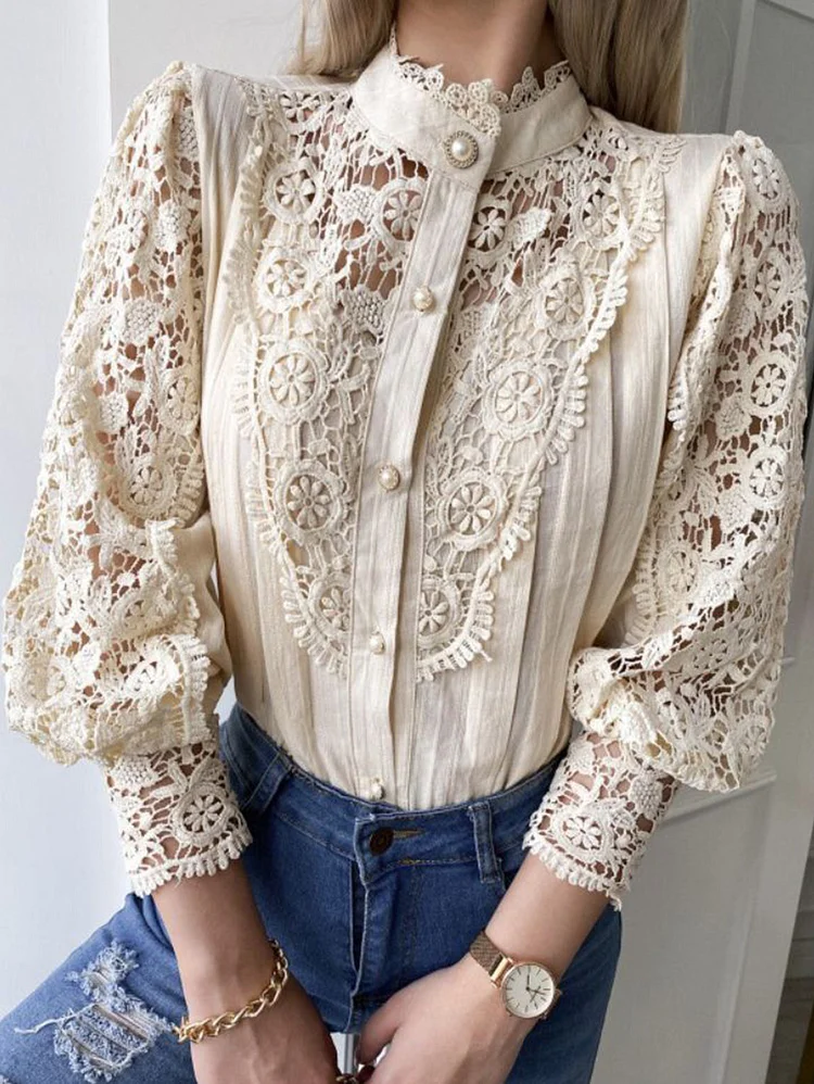 Elegant Plain Lace Hollow Mock Neck Puff Sleeve Blouse