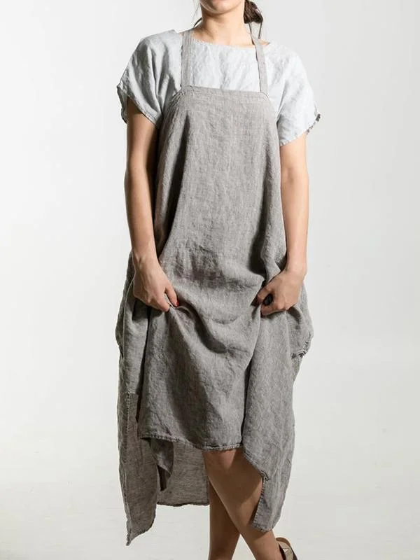 Ladies loose solid color cotton and linen sling dress-Mayoulove