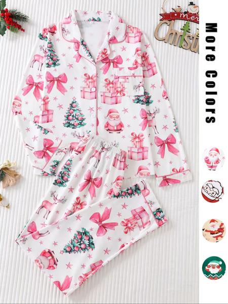 Two-piece Set Women's Christmas Print Button Front Pocket Shirt & Elastic Waist Pants Pyjama, Casual Comfy Long Sleeve Collared Top & Trousers Pyjama Set, Women's Sleepwear for Spring & Fall