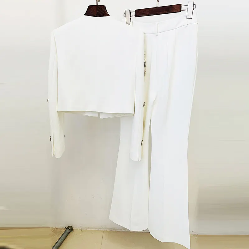 Nigikala Nigikala New Fashion Round Neck Heavy Industry Nail Beads Short Jacket Open Fork Horn Trousers Set