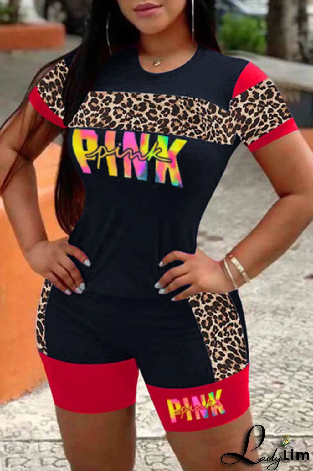 Yellow Casual Street Print Patchwork Letter O Neck Short Sleeve Two Pieces