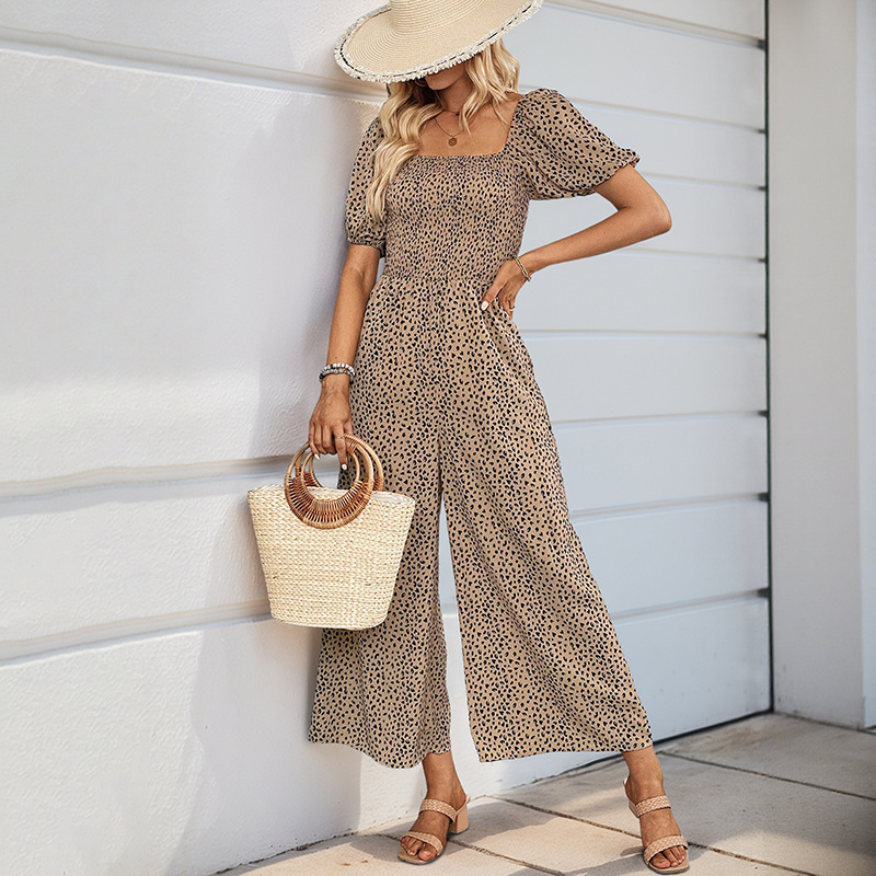 Elegant Women'S Square Neck Jumpsuit With Puff Sleeve And Wide Leg Design Perfect Printed Outfit For Any Occasion