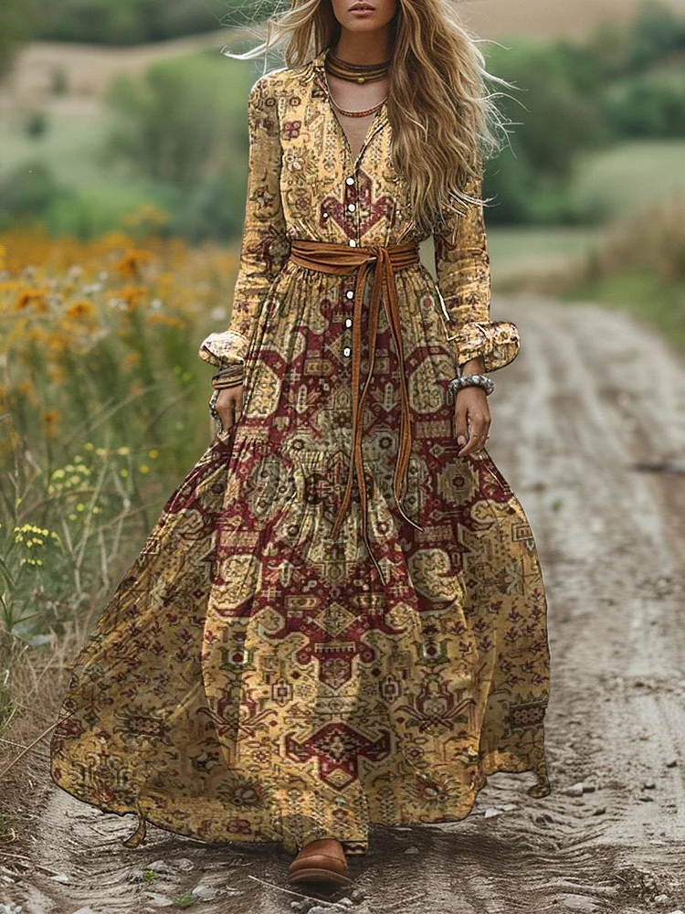 Women's Vintage Ethnic Art Patterns Print Pocket Cotton Maxi Dress