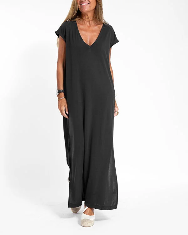 Women Casual Round Neck Short Sleeve Loose Long Dress