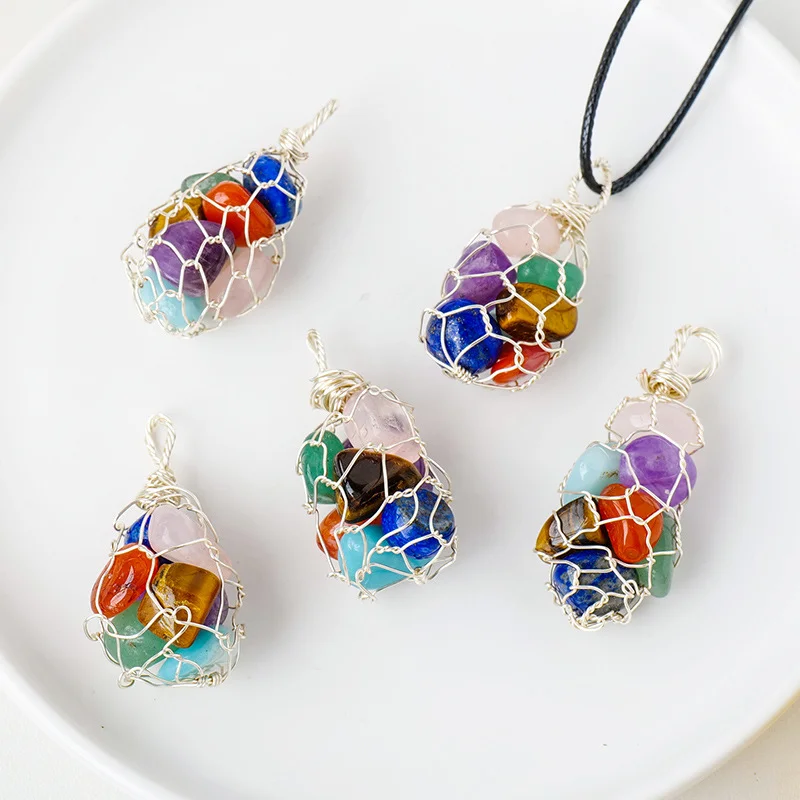 Natural Colorful Crystal Crushed Stone in Copper Wire Handwoven Mesh Pocket Pendant Couple Necklace