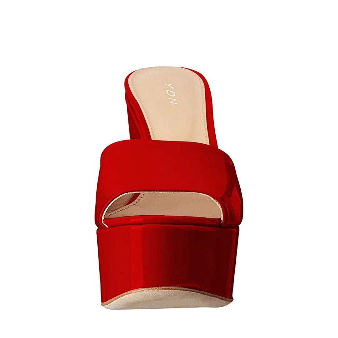 Red Patent Leather Round Toe Wide Band Platform Mules with Wedge Heel