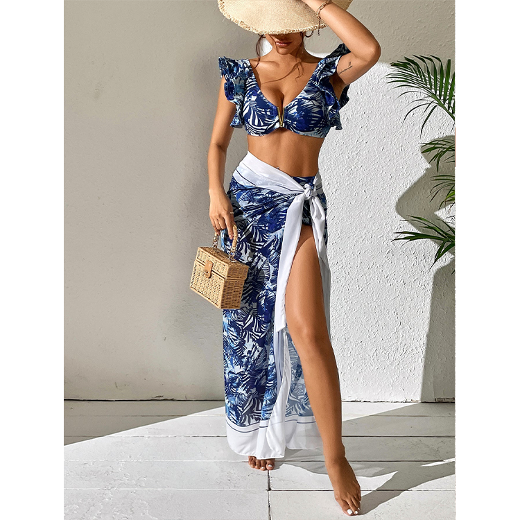 Ruffle Shoulder Jungle Printed Bikini Swimsuit and Sarong
