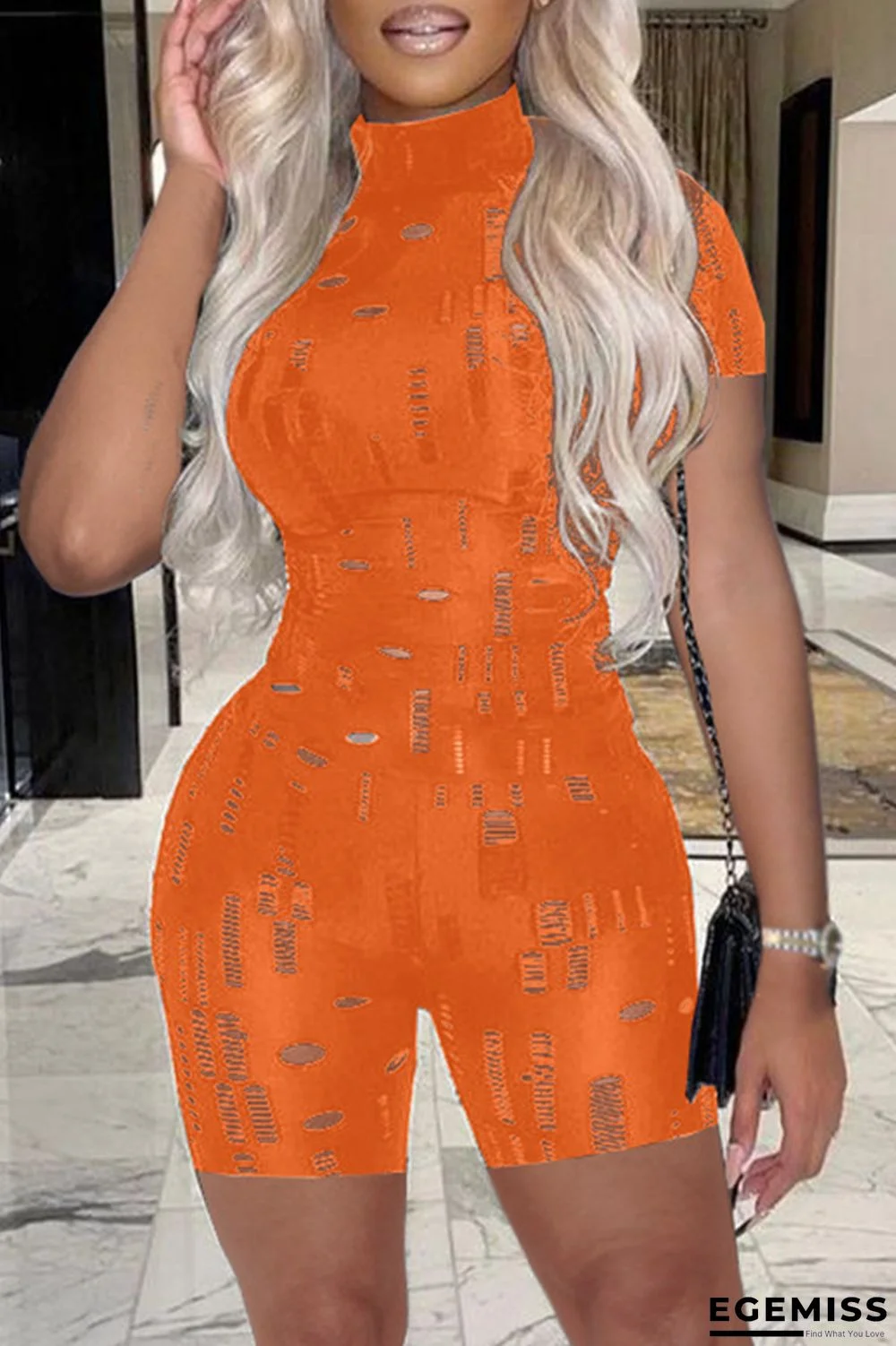 Orange Fashion Sexy Solid Ripped Hollowed Out Turtleneck Skinny Romper | EGEMISS
