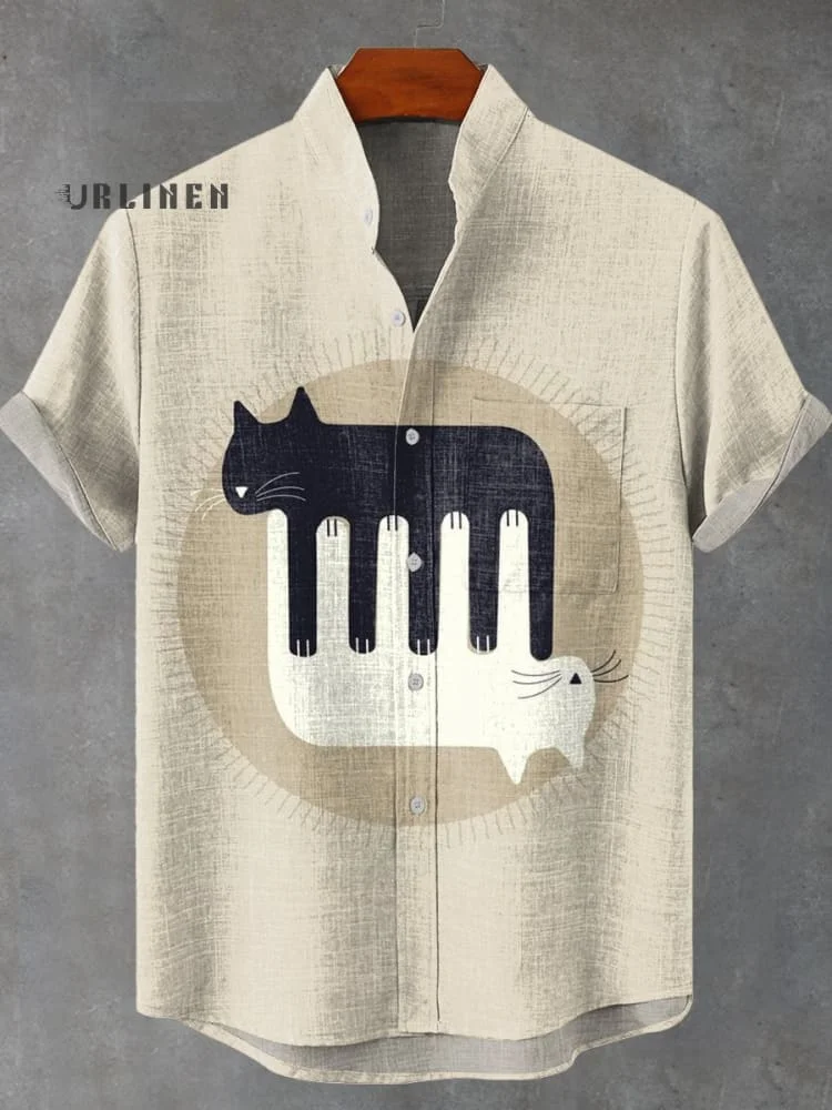 Abstract Yin Yang Cat Animal Vintage Print Casual 100% Cotton Shirt