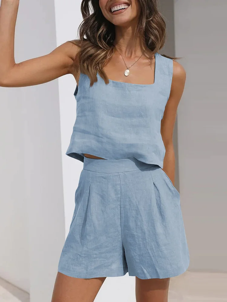 Women's Summer Cotton Linen 2Piece Set U-Neck Vest Top and Short Pant Solid Color