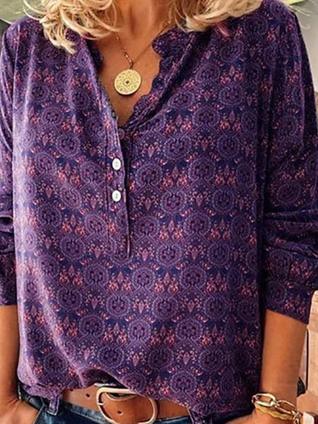 Women's Blouses Geometric Floral  Bohemian Print Button Decoration Loose Tops