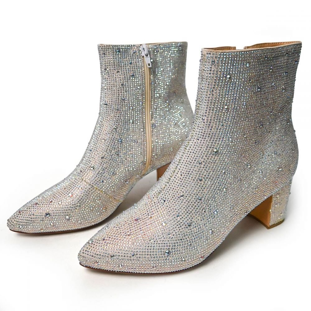 Silver Boots Rhinestone Boots Heeled Ankle Boots Chunky Booties