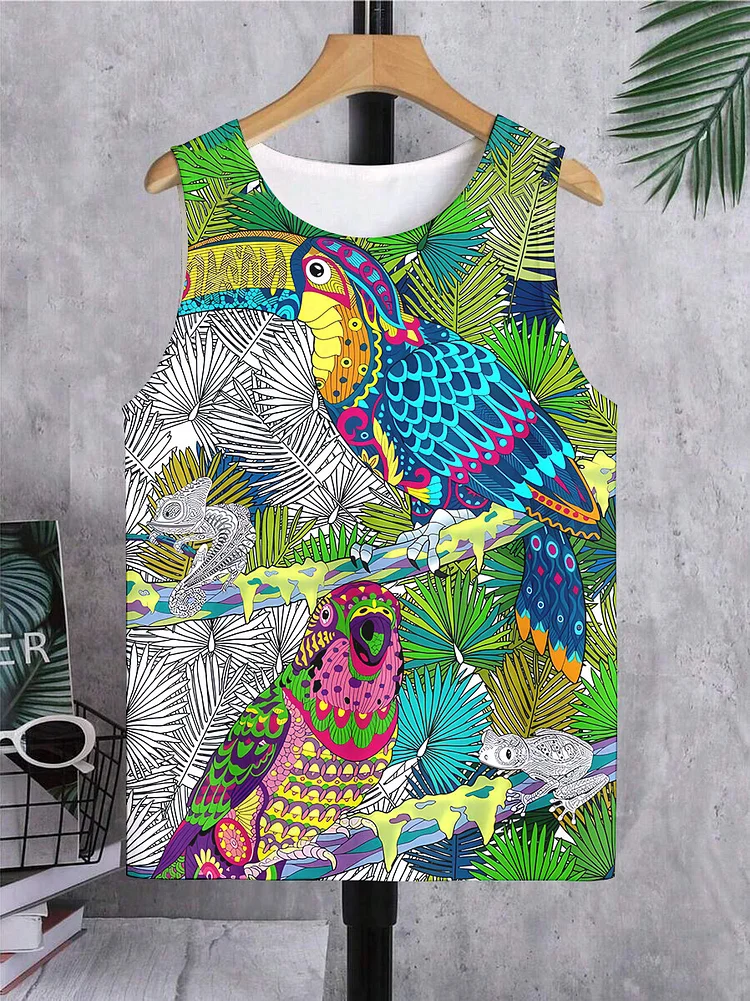 Men's Hawaiian Tropical Toucan Tree Frog Lizard Art Print Tank Top