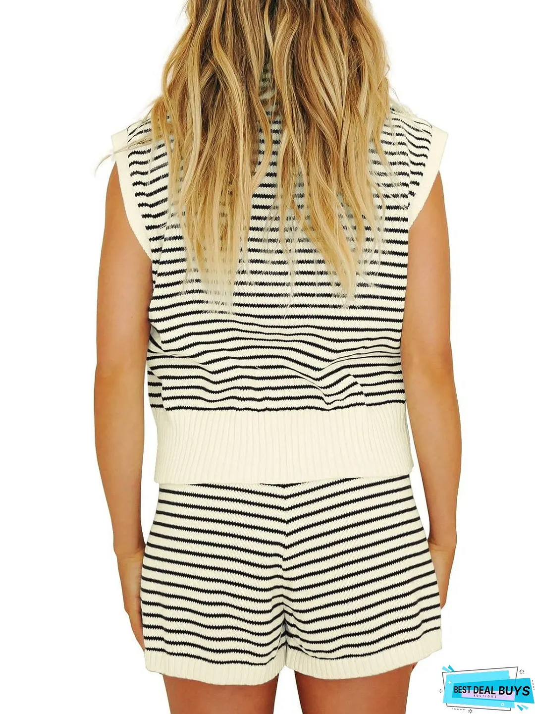 Striped Cap Sleeve Top and Shorts Sweater Set