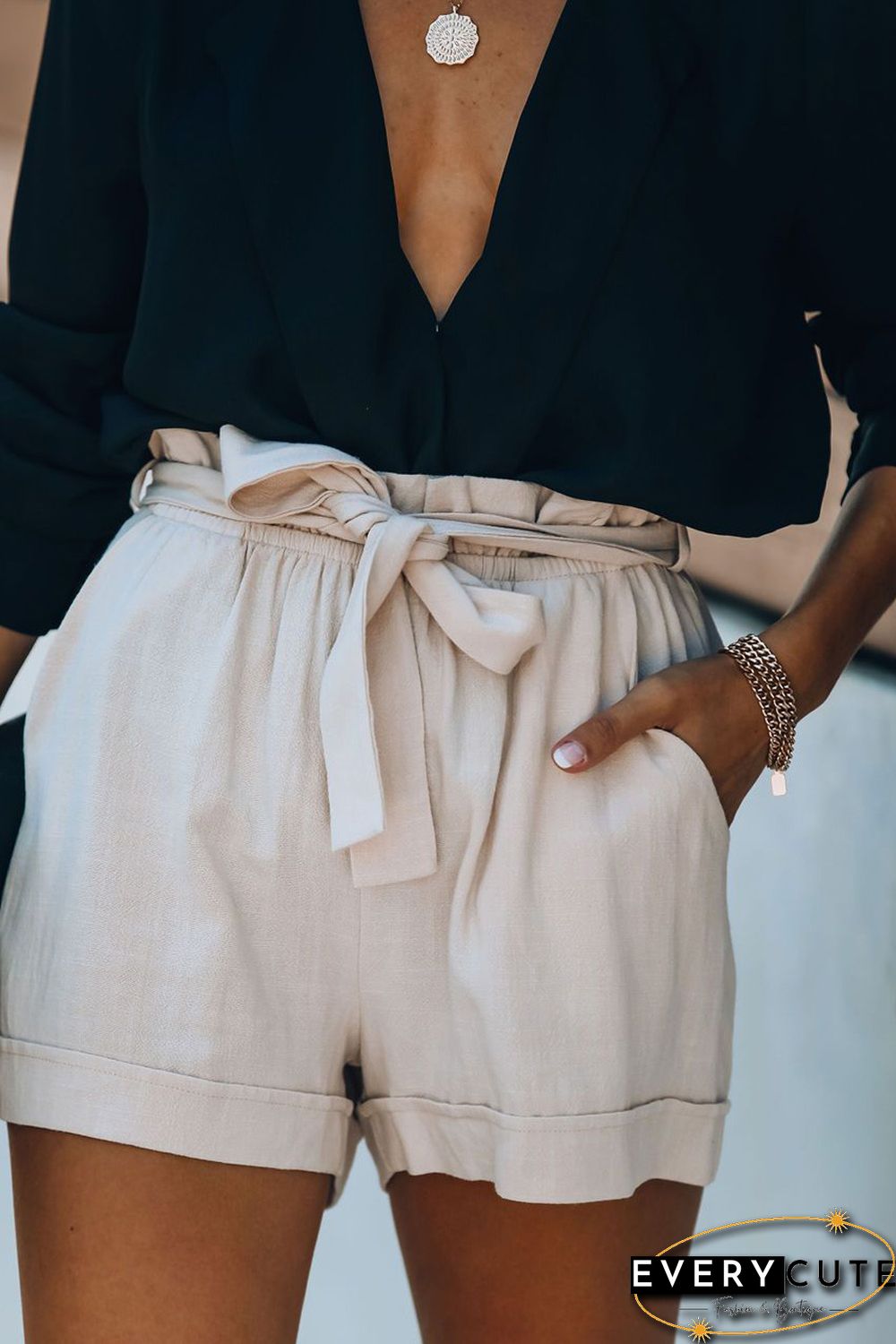 Apricot Cotton Pocketed Paper Bag Waist Shorts