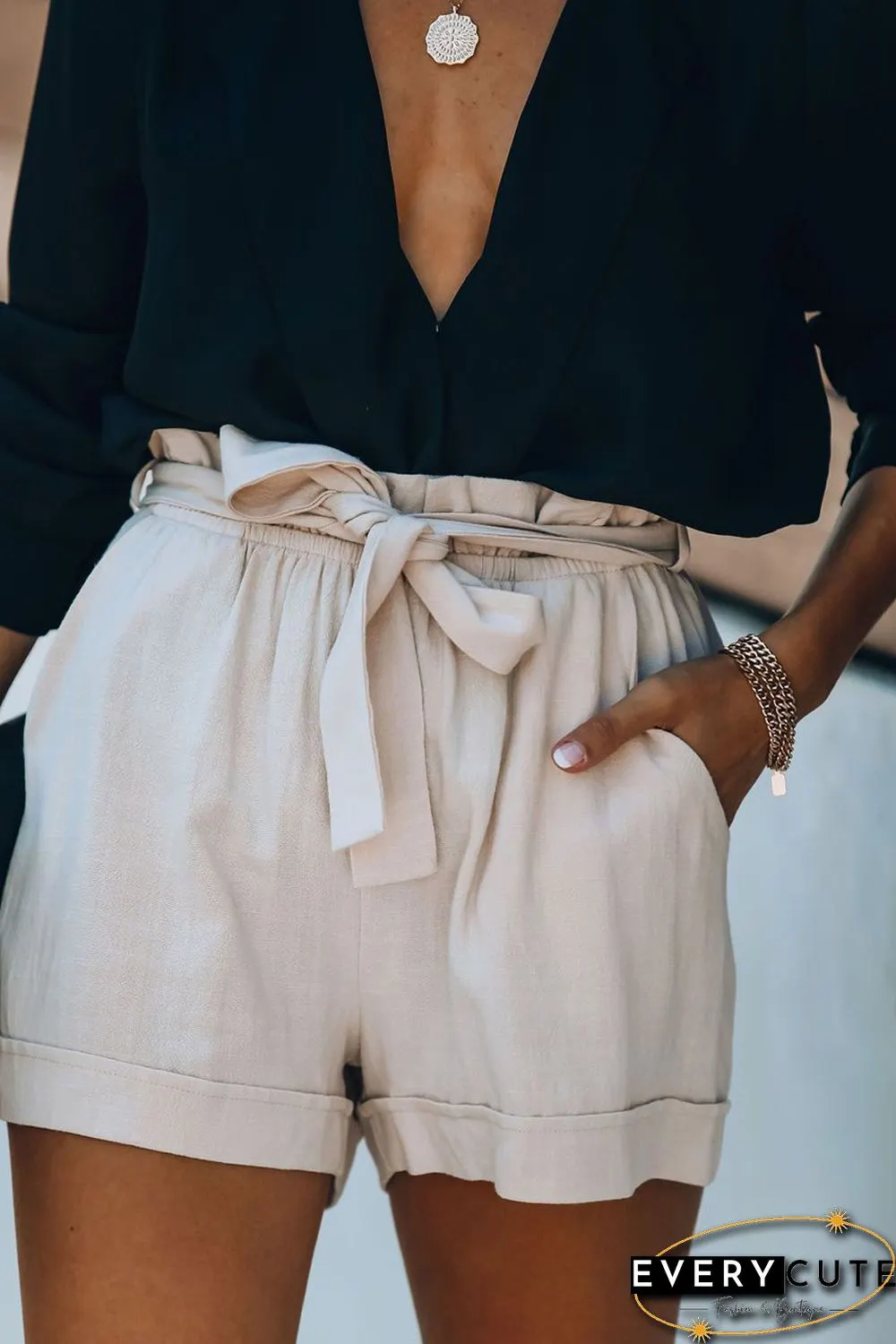 Apricot Cotton Pocketed Paper Bag Waist Shorts