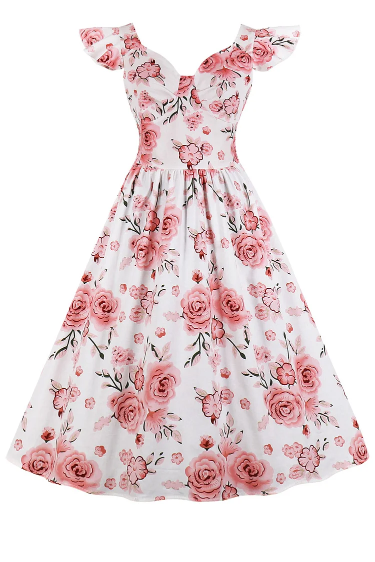 1950s Pink Party Floral Print Ruffle Fitted Bodice Flare Swing Midi Dress