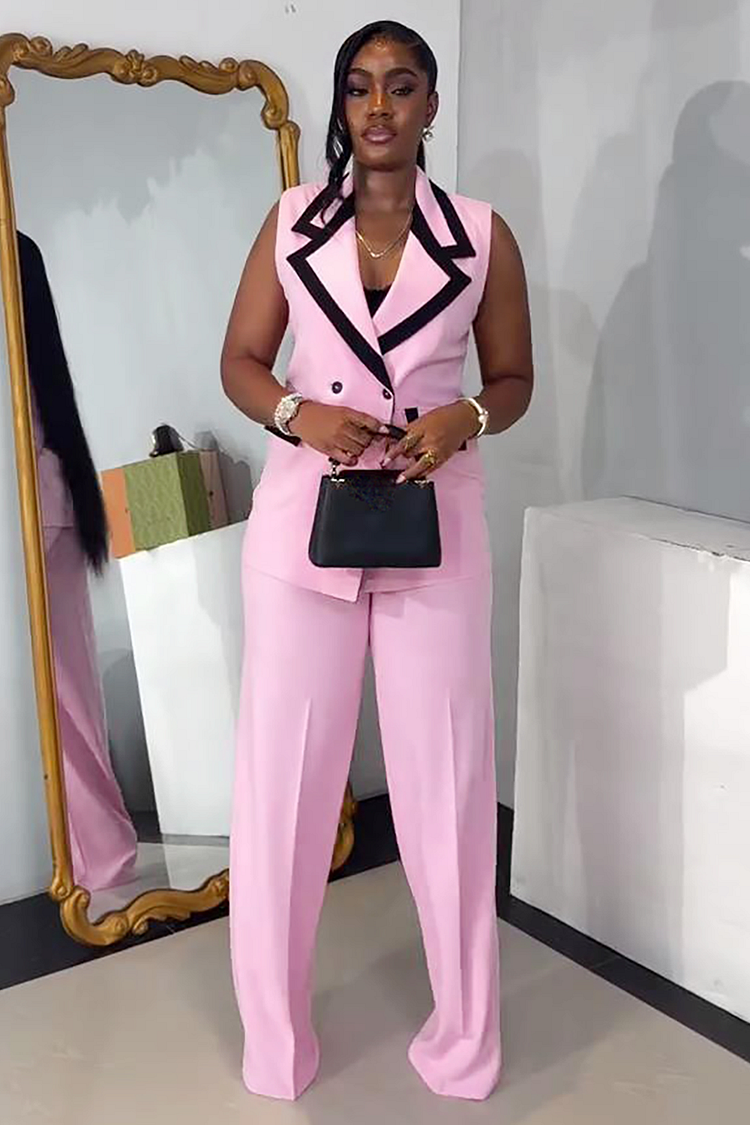 Contrast Trim Notch Collar Vest Straight Leg Pants Matching Set-Pink