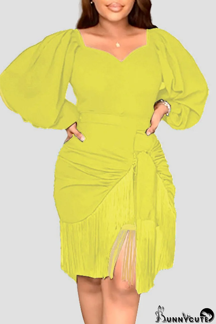 Yellow Casual Solid Tassel Patchwork Asymmetrical V Neck Straight Dresses