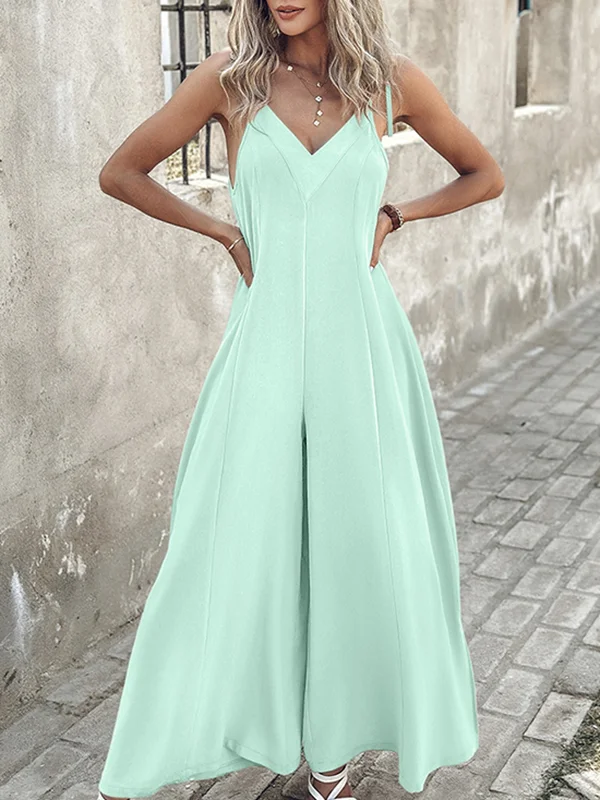 Sleeveless Wide Leg Solid Color Spaghetti-Neck Jumpsuits