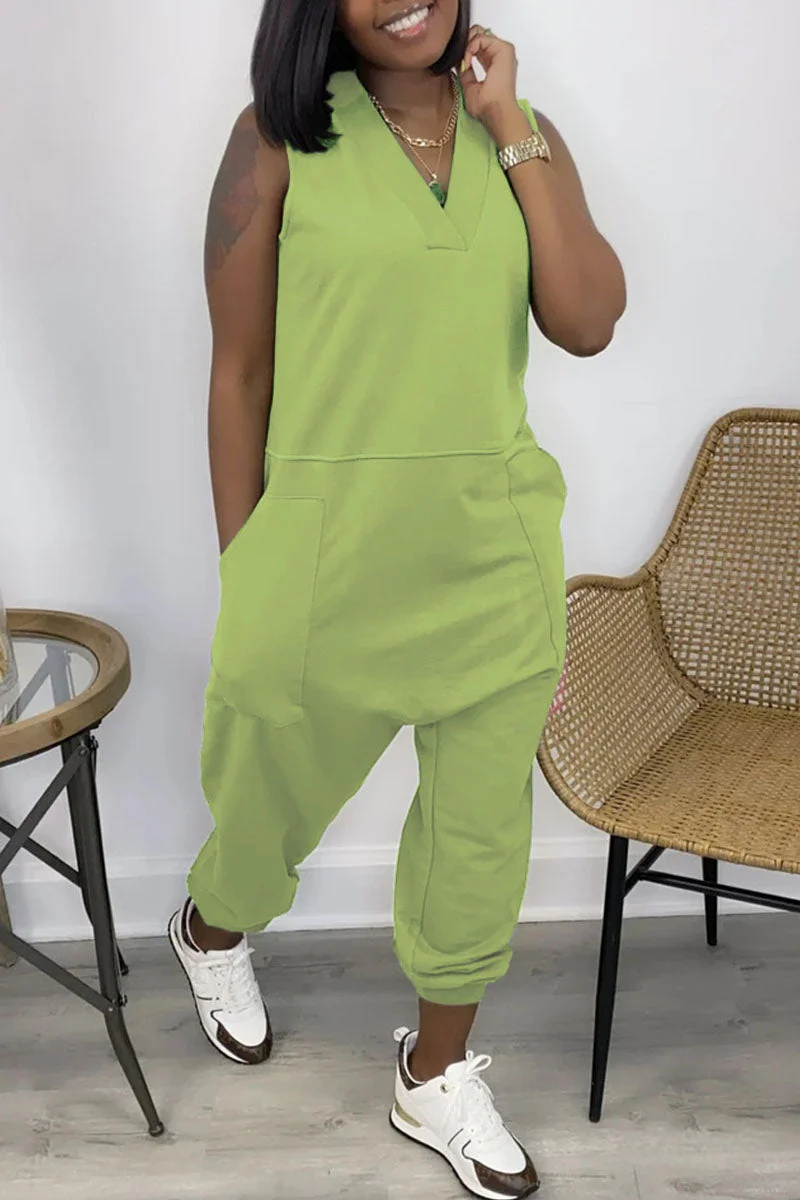Casual Solid Basic V Neck Regular Sleeveless Jumpsuits