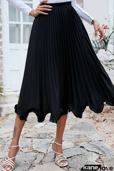 Frill Trim Pleated Elastic Waist Skirt