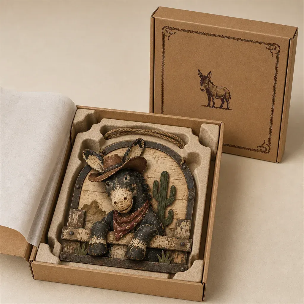 Rustic donkey wall hanging presented in gift packaging Rustic donkey wall hanging presented in gift packaging