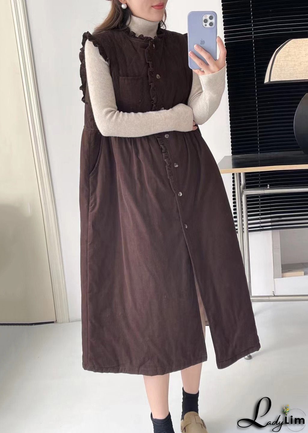 Coffee Pockets Cotton Filled Waistcoat Long Dress Stand Collar Winter