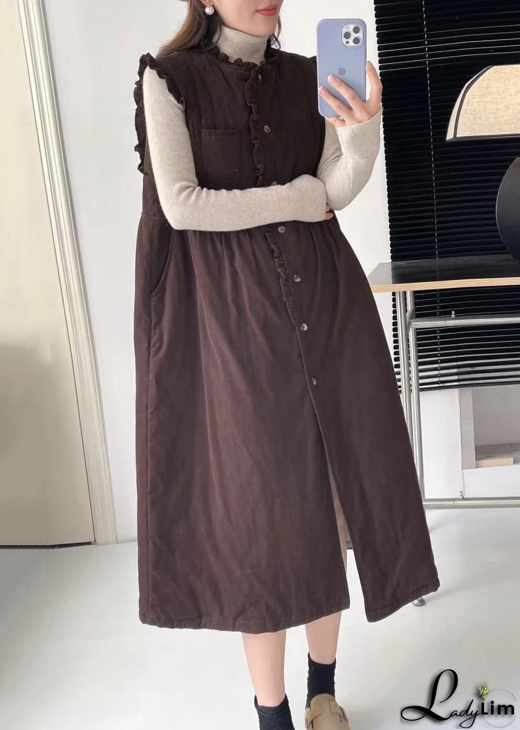 Coffee Pockets Cotton Filled Waistcoat Long Dress Stand Collar Winter