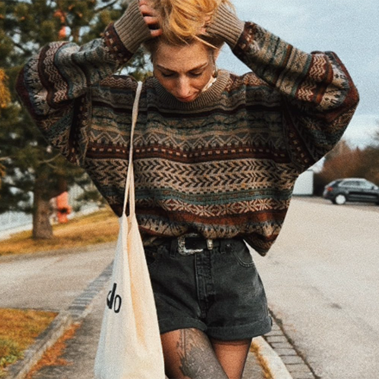 Retro Striped Ethnic Print Sweater