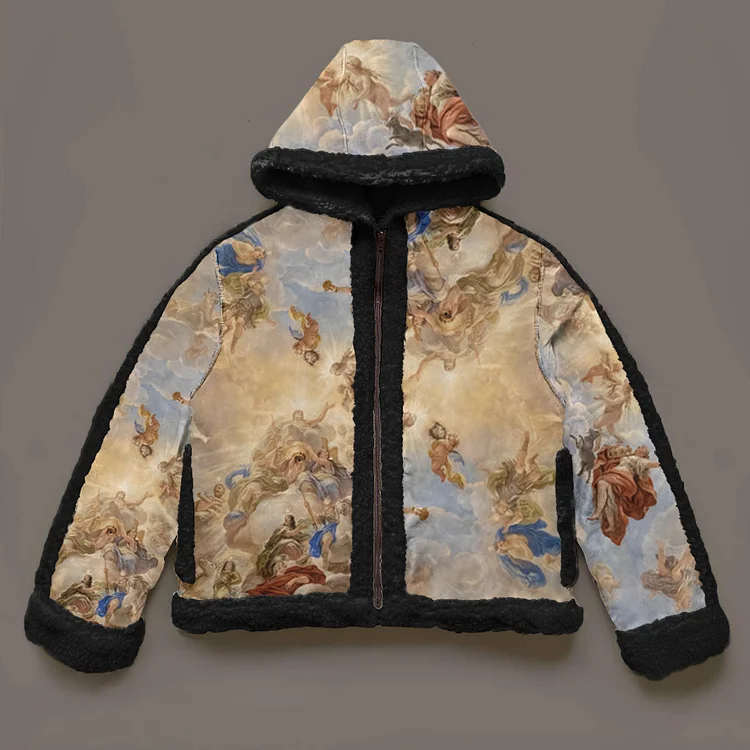 Loveciss®/ Apotheosis of the Medici Renaissance Painting Shearling Hooded Coat