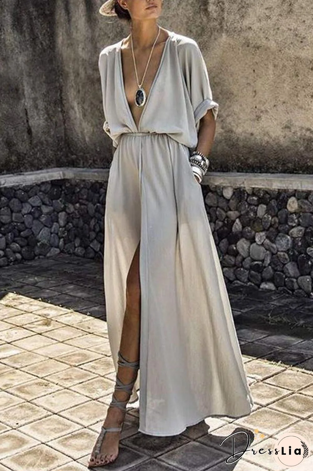 Solid Color Deep V Neck High Slit Dress