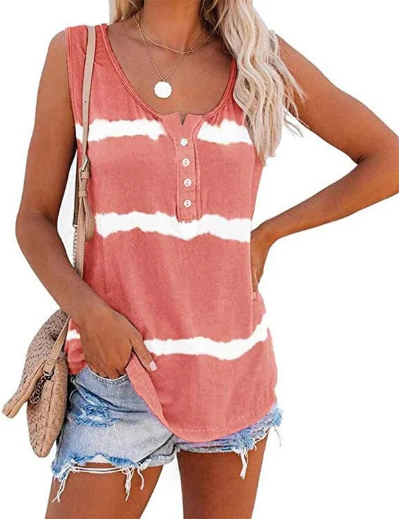 New Top Women Summer Casual Sleeveless Round Neck Striped Buttons T-Shirt Womens Clothing Fashion Sexy Beach Ladies Vest