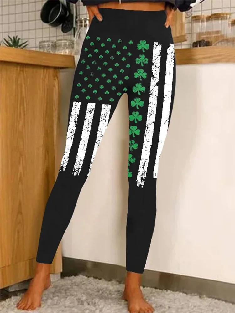 VChics St. Patrick's Day Shamrock Flag Print Casual Stretch Leggings