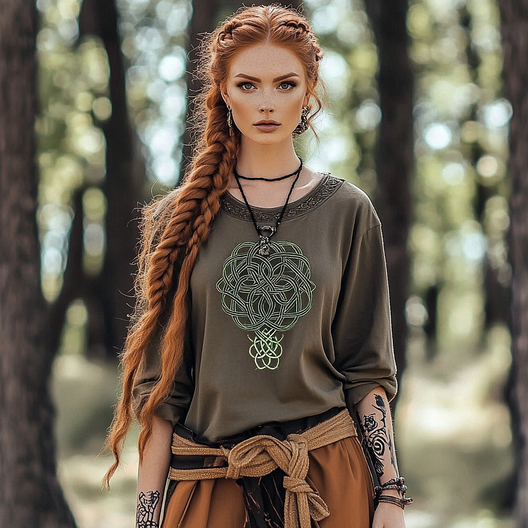 Women's Vintage Viking Tree Of Life Linen Crew Neck Shirt