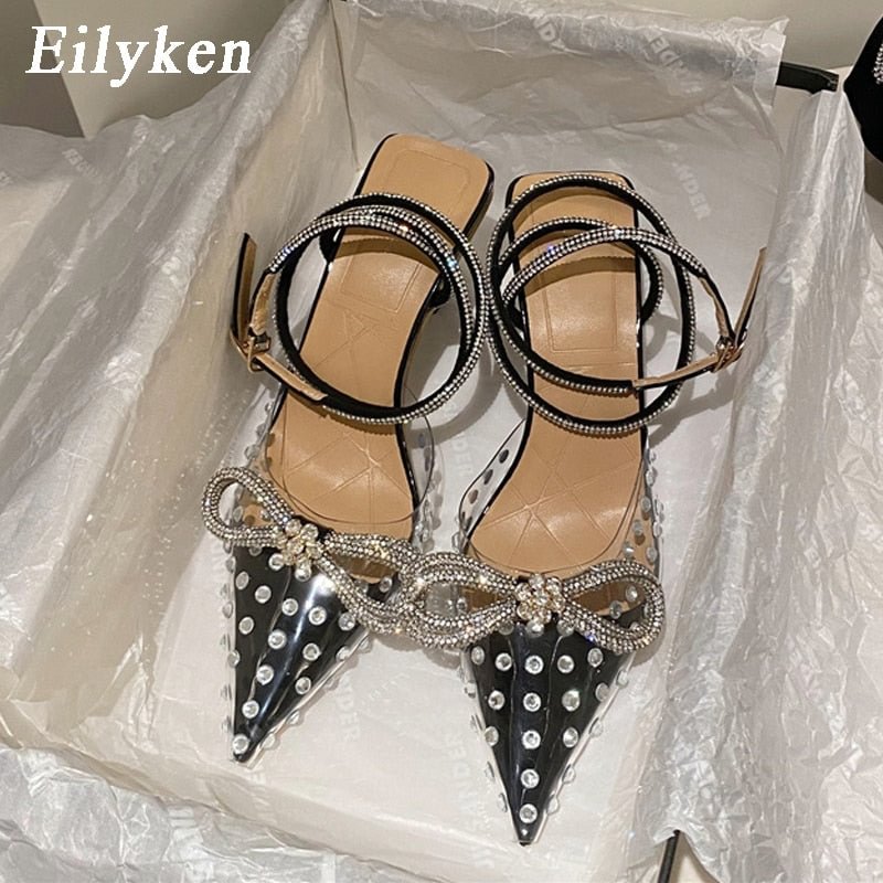 Eilyken 2022 Spring Style PVC transparent CRYSTAL Silver Women Pumps Crystal Bowknot Lady High heels Party Prom Shoes